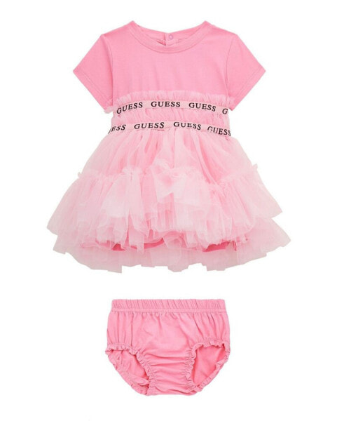 Baby Girls Short Sleeve with Logo Taping Jersey Mesh Dress