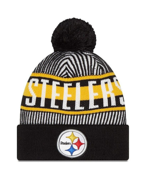 Men's Black Pittsburgh Steelers Striped Cuffed Knit Hat with Pom