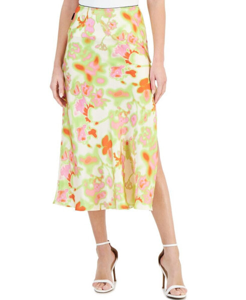 Women's Floral-Print Side-Slit Side-Zip Midi Skirt