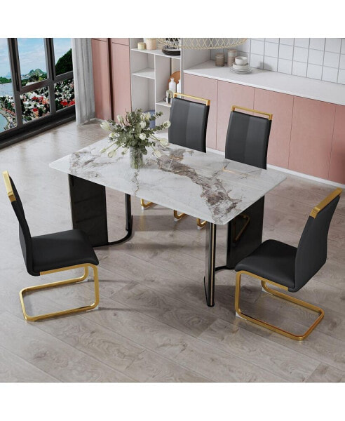 Table & 4 Black PU Chairs with Gold Legs