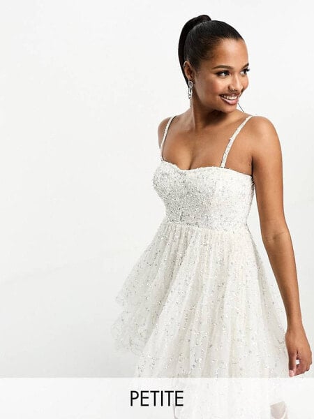 Maya Petite Bridal allover embellished mini dress with full skirt in ivory