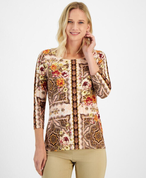 Women's Jacquard-Print 3/4-Sleeve Top, Created for Macy's