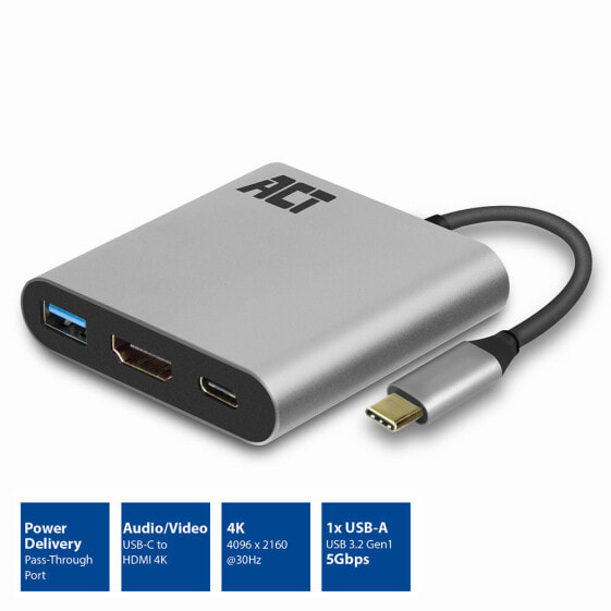 ACT AC7022 USB-C to HDMI multiport adapter 4K - USB hub - PD pass through - 3.2 Gen 1 (3.1 Gen 1) - USB Type-C - HDMI output - 4096 x 2160 pixels
