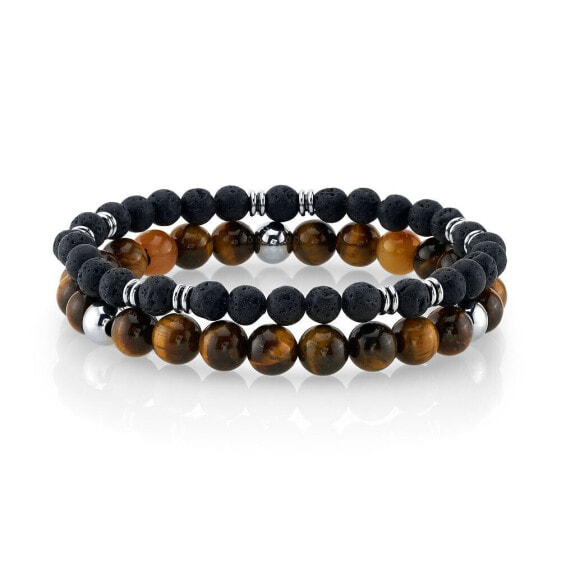 Tiger Eye Stone and Black Lava Bead Double Bracelet with Stainless Steel Beads, 8.5"