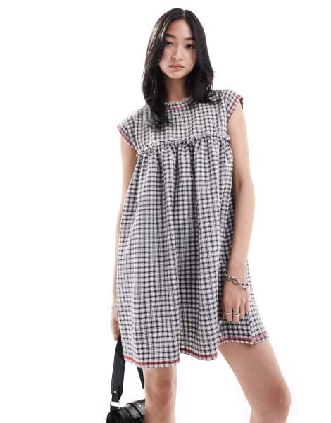 COLLUSION smock dress in check with contrast stitch