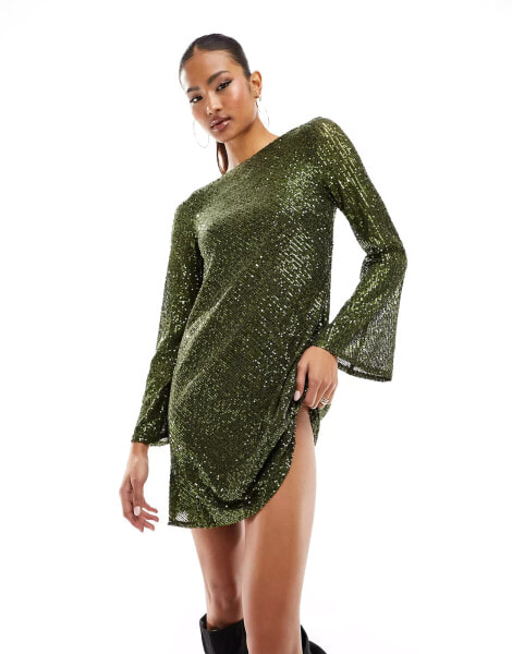 Jaded Rose long sleeve sequin cowl back mini dress in olive