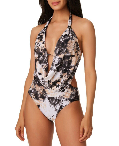 Bar Iii Wet'N Wild Draped Monokini One-Piece Swimsuit Black Tie-Die Size S