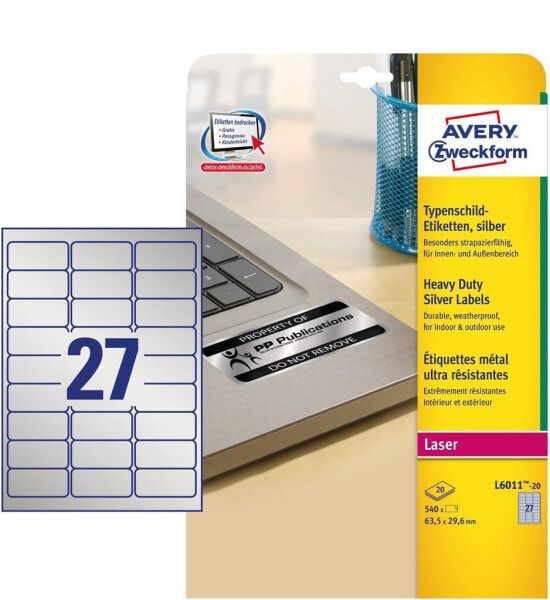 Avery Zweckform Avery L6011-20 - Silver - Rounded rectangle - Permanent - DIN A4 - Polyester - 78 g/m²