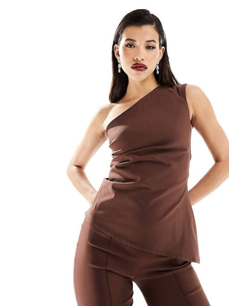 Vesper one shoulder ruched top co-ord in chocolate