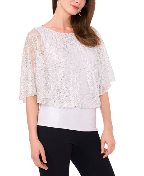 Women's Sequined Mesh Pull-On Blouson Top