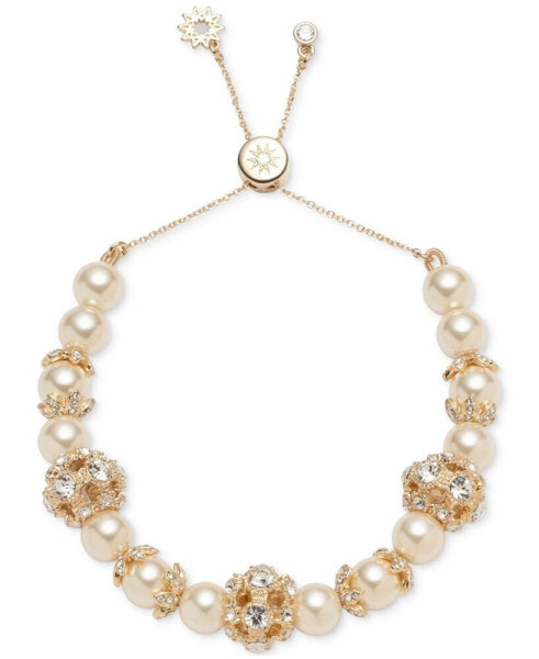 Gold-Tone Imitation Pearl & Crystal Button Slider Bracelet