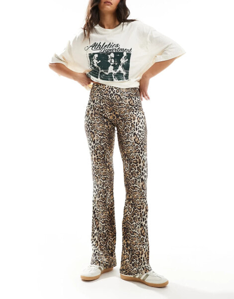 Pull&Bear polyamide sculpt flare trouser in leopard print