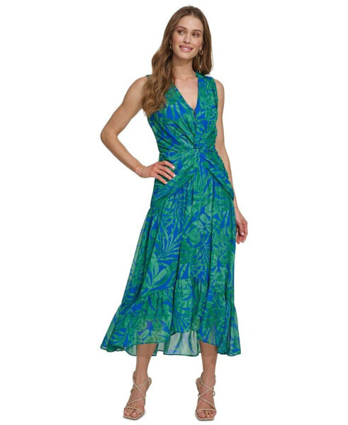 Women's Printed V-Neck Twist-Front A-Line Dress