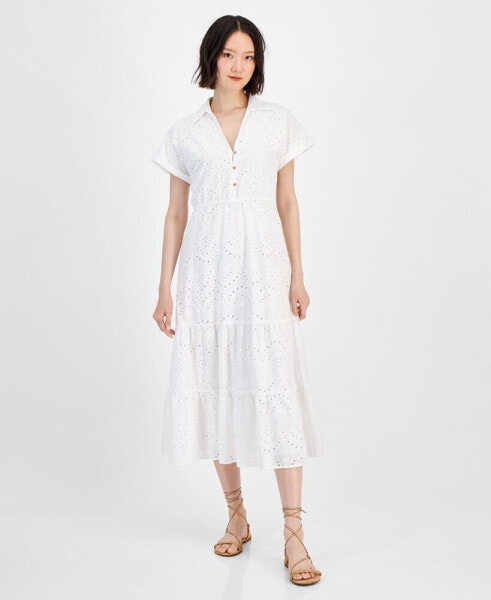 Women's Eyelet Short-Sleeve Midi Shirtdress