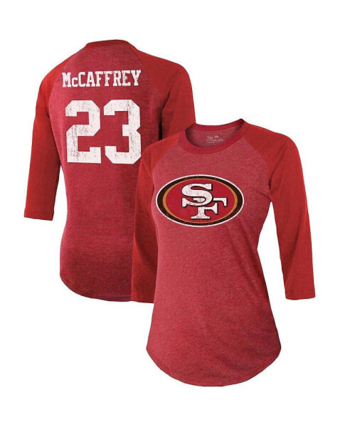 Women's Threads Christian McCaffrey Scarlet San Francisco 49ers Name and Number Tri-Blend Raglan 3/4 Sleeve T-shirt
