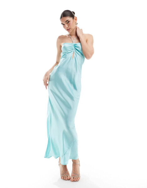 ASOS DESIGN – Neckholder-Maxikleid aus Satin in Aqua mit gerafftem Dekolleté und Schlüssellochausschnitt