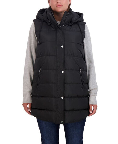 Plus Size Long Puffer Vest Jacket with Detachable Hood