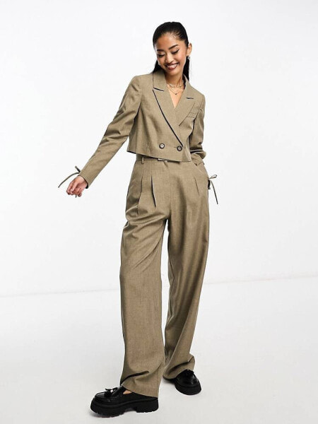 Miss Selfridge tailored slouchy wide leg trouser in khaki fleck