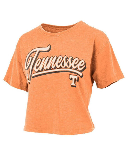 Women's Tennessee Orange Distressed Tennessee Volunteers Team Script Harlow Vintage-Like Waist Length T-shirt