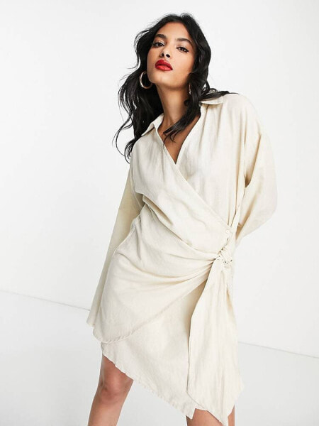 Pretty Lavish collared wrap mini dress in sand