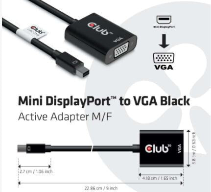 Club 3D MiniDisplayPort™ to VGA Black Active Adapter M/F - 0.228 m - Mini Displayport - VGA - Male - Female - Straight