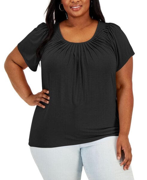 Plus Size Pleat-Neck Top, Created for Macy's