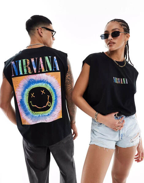 ASOS DESIGN unisex oversized license vest in black with Nirvana tie dye graphic prints