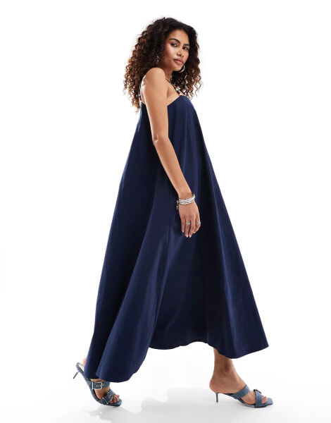 Ghospell Ula beaded strap cotton maxi dress in navy