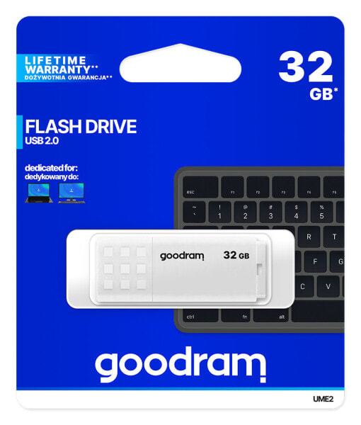 GoodRam UME2 - 32 GB - USB Type-A - 2.0 - 20 MB/s - Cap - White - накопитель USB 32 ГБ, скорость передачи данных 20 МБ/с, белый