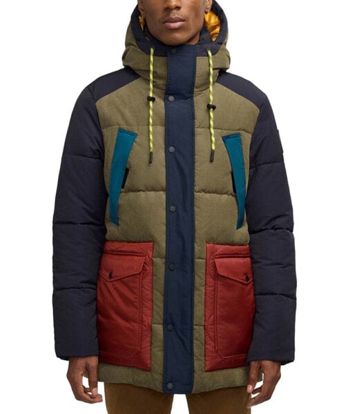 Men's Arza Quilted Colorblocked Mixed-Media Full-Zip Hooded Parka