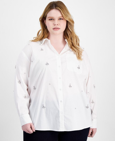 Plus Size Rhinestone-Embellished Button-Down Shirt, Created for Macy's