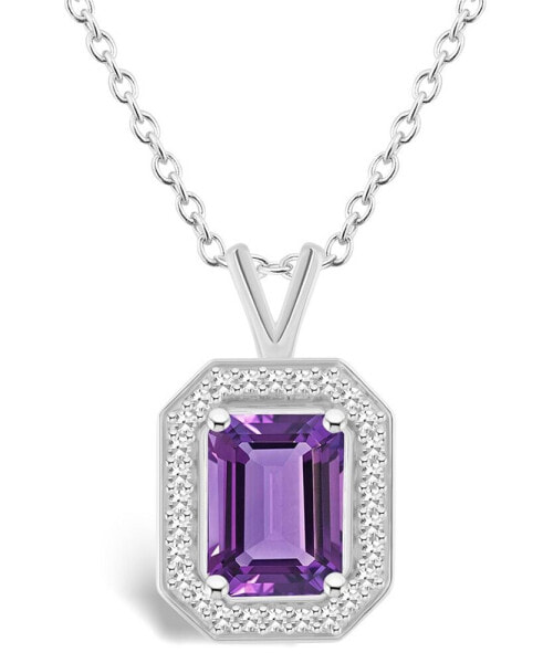Amethyst (1-3/5 ct. t.w.) and Diamond (1/7 ct. t.w.) Halo Pendant Necklace in Sterling Silver