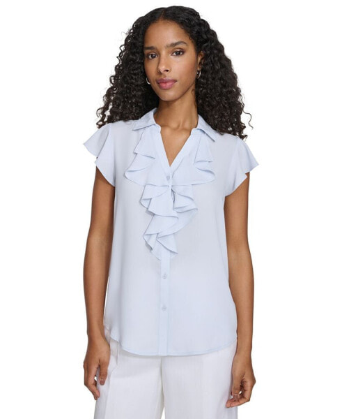 Women's Solid Ruffled-Placket Button-Down Blouse