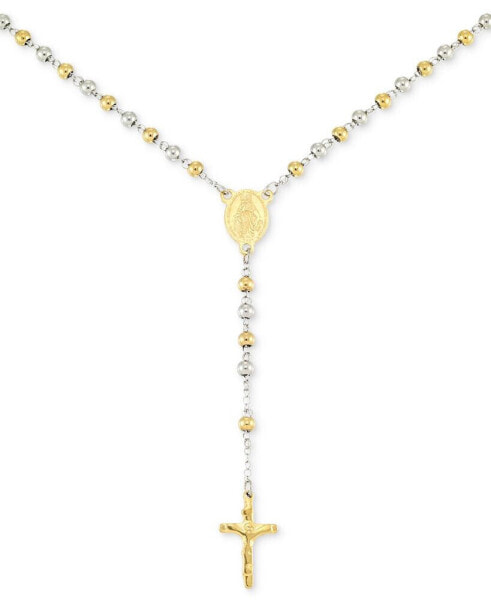 Beaded Cross 24" Lariat Necklace in Stainless Steel & Yellow Ion-Plate