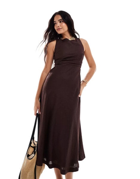 Forever New cross back linen midaxi dress in brown