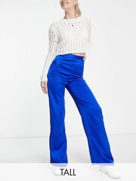 New Look Tall co-ord satin wide leg trouser in bright blue