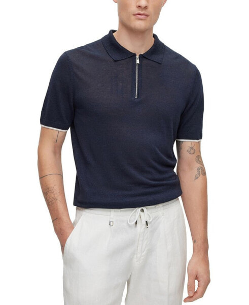 Men's Linen-Blend Polo Sweater with Zip Placket