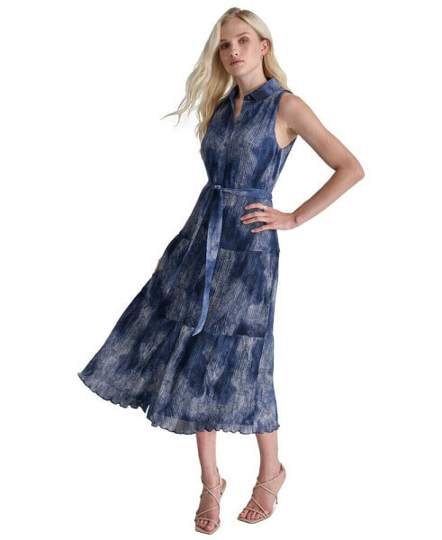 Women's Printed Mini-Pleated Tiered Shirtdress