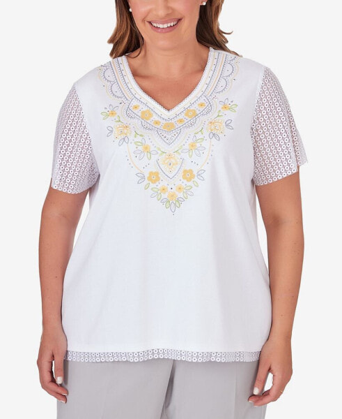 Plus Size Charleston Embroidered Top with Lace Sleeves