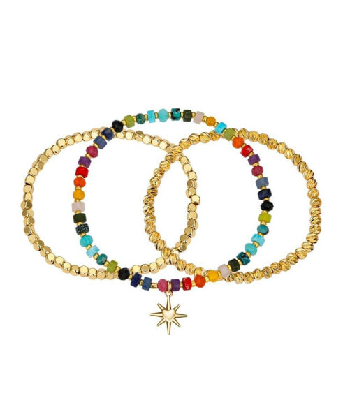Multi Color Stone and 14K Gold Plated Heart Stretch Bracelet Set