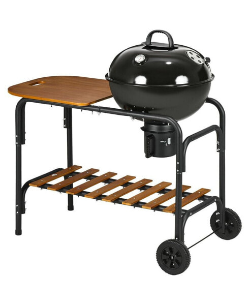 Charcoal Grill BBQ, Rolling Backyard Barbecue with Chopping Block Table, a Cutting Board, Shelf, Wheels, Vents & Thermometer, Black