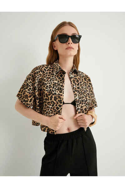 Crop Leopar Gömlek Oversize Kısa Kollu Cepli