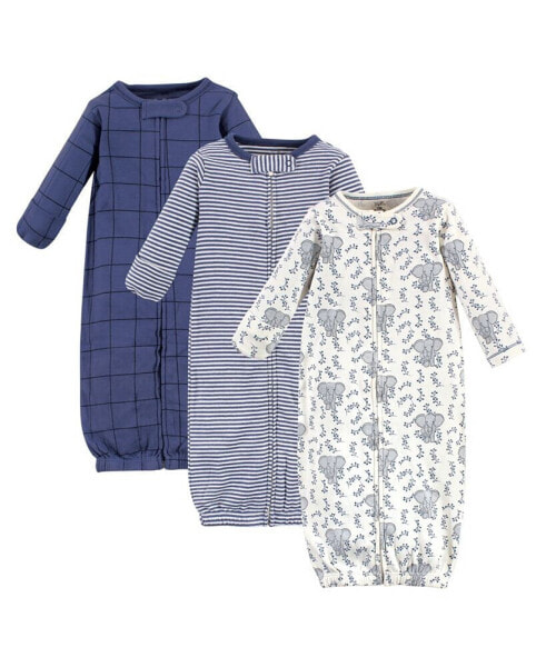 Baby Boys Baby Organic Cotton Zipper Long-Sleeve Gowns 3pk, Elephant