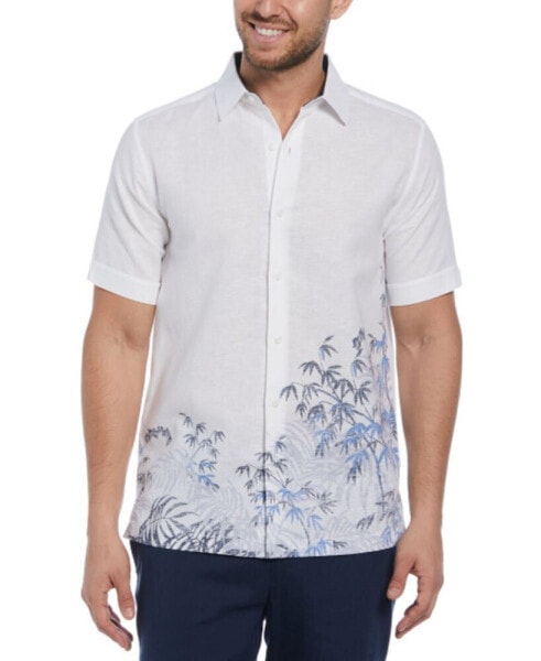 Men's Short Sleeve Linen Blend Bamboo Leaf Print Button-Front Shirt