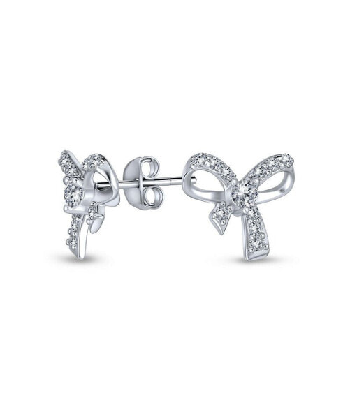 Delicate Dainty Ribbon Birthday Present Pave CZ Small Bow Stud Earrings For Women Teens .925 Sterling Silver