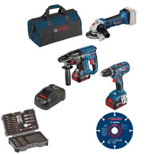 Bosch Combo Kit 3-tlg. 18V: GSR + GBH + GWS + 2 x GBA 5,0 Ah + GAL + Bitset + Bohrerset + Multiwheel TS