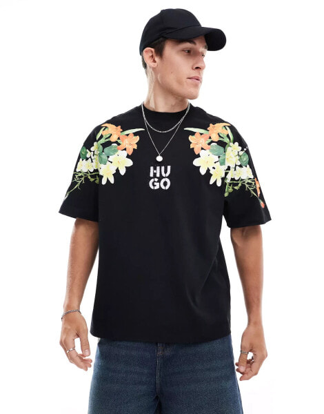 HUGO Red diblostee oversized t-shirt in black with sleeve placement floral print