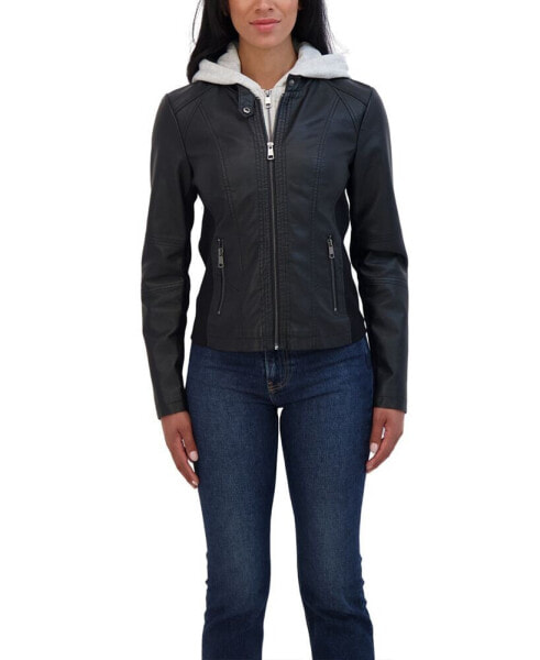 Women's Zip Front Faux Leather Jacket With Removeable Hood Bib