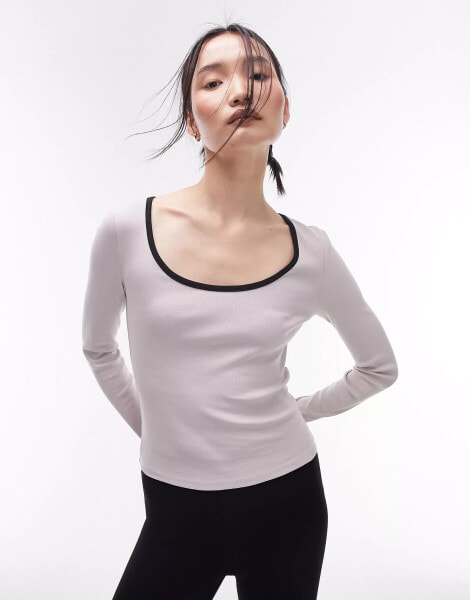 Topshop contrast long sleeve top in stone