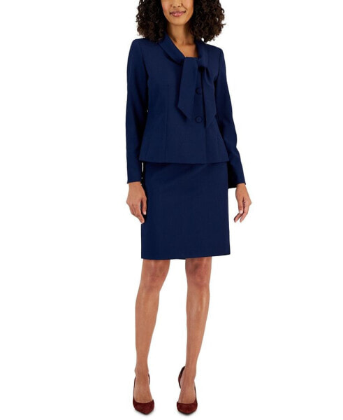 Women's Crepe Three-Button Tie-Collar Jacket & Slim Pencil Skirt Suit